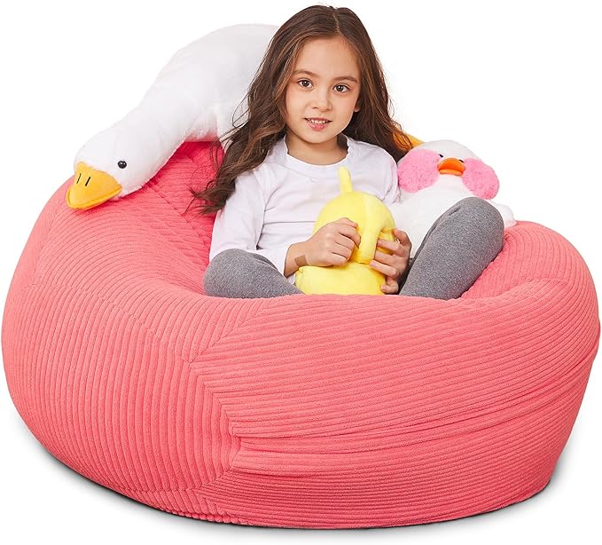 Stuffed Animal Storage Bean Bag Chair Cover for Kids, 38" Beanbag Chairs Cover Plush Toys Organizer Super Soft Corduroy with Handle and Zipper for Boys and Girls - Pink