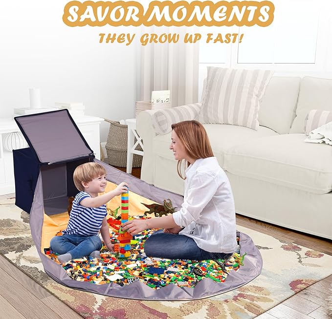 Toy Storage Basket and Play Mat for Kids, Foldable and Stackable Toy Storage Organizer for Building Bricks & Blocks, Toy Box Bin for Boys, Girls, Nursery, Playroom, 13"x13"x13" (Navy Blue)