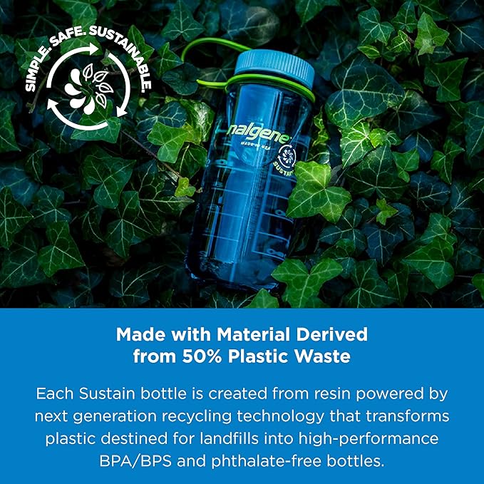 Nalgene Sustain Tritan BPA-Free Water Bottle Made with Material Derived from 50% Plastic Waste, 32 OZ, Wide Mouth, Cerulean