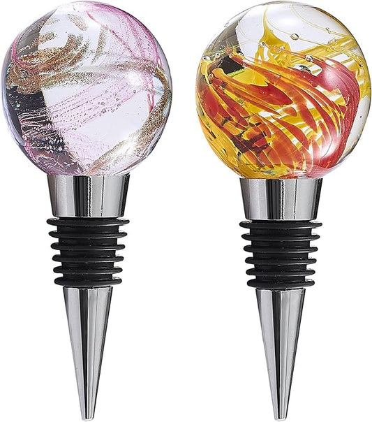 Murano Glass Wine Bottle Stopper Blown Glass Ball Art Deco, Reusable Wine Stoppers for Beverage Bottle Stoppers Decorative Bottle Stoppers for Gifts, Bar, Holiday Party, Wedding, Pack of 2