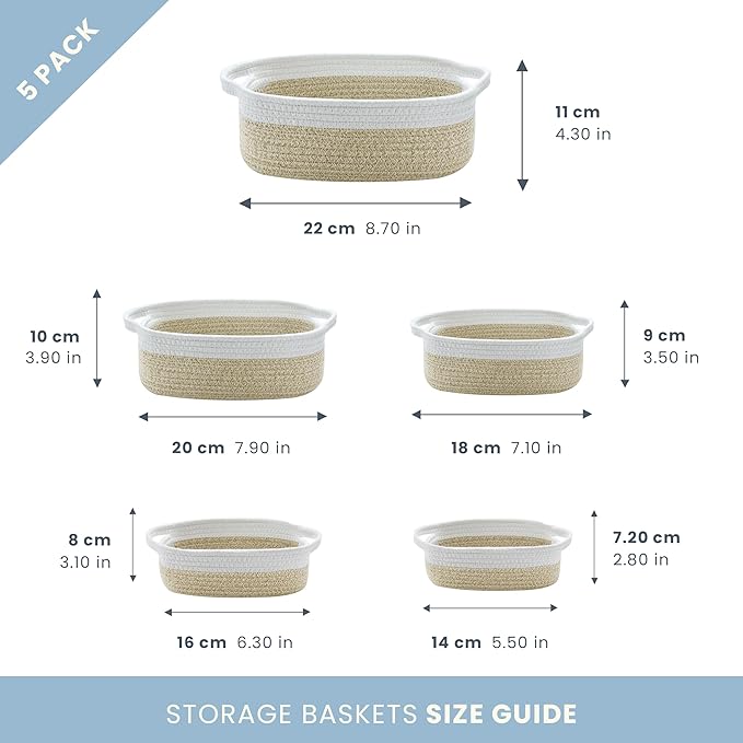 OrganiHaus Set of 5 Rectangle Bathroom Storage Baskets for Organizing, Small Woven Baskets for Storage Basket for Bathroom, Nursery Storage Basket for Baby Nursery Organization, Cute Bin, Honey/White