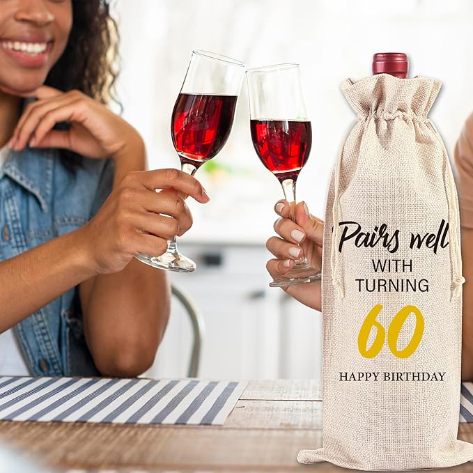 Happy Birthday Wine Bag Gifts - 60th Birthday Gift Ideas Funny Birthday Wine Bag Birthday Gift Drawstring Burlap Wine Bottle Bag for Women Men 60th Birthday Gifts