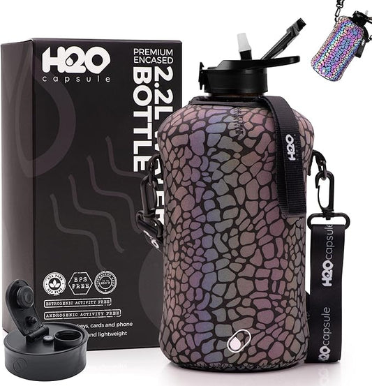 H2O Capsule 2.2L Half Gallon Water Bottle with Storage Sleeve and Covered Straw Lid – BPA Free Large Reusable Drink Container with Handle - Big Sports Jug, 2.2 Liter (74 Ounce)