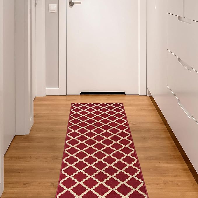 Ottomanson Ottohome Collection Non-Slip Rubberback Elegant Trellis Design 2x5 Indoor Runner Rug, 20" x 59", Red