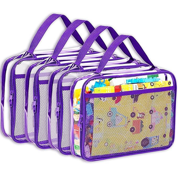 VERONLY 4 Packs PVC Toy Zippered Blocks, Travel Storage Case Bags for Organizing, Waterproof Toy Storage Bags with Mesh Pockets for Building Blocks, Puzzles, Clays,Toy Cars 11.8" Lx3 Wx9 H (Purple).