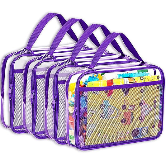 VERONLY 4 Packs PVC Toy Zippered Blocks, Travel Storage Case Bags for Organizing, Waterproof Toy Storage Bags with Mesh Pockets for Building Blocks, Puzzles, Clays,Toy Cars 11.8" Lx3 Wx9 H (Purple).