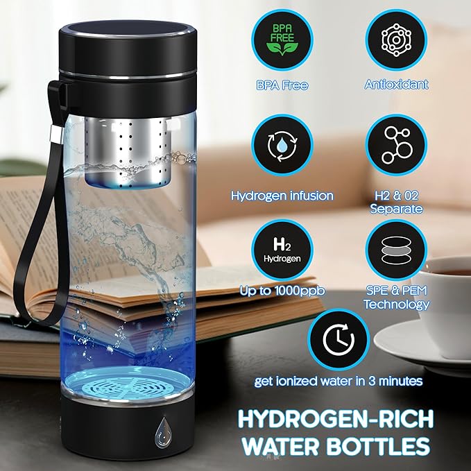 Hydrogen Water Bottle, Hydrogen Water Bottle Generator with Removable Strap and Infuser, 3 Minute Rapid Electrolysis, Portable for Daily Use - Black