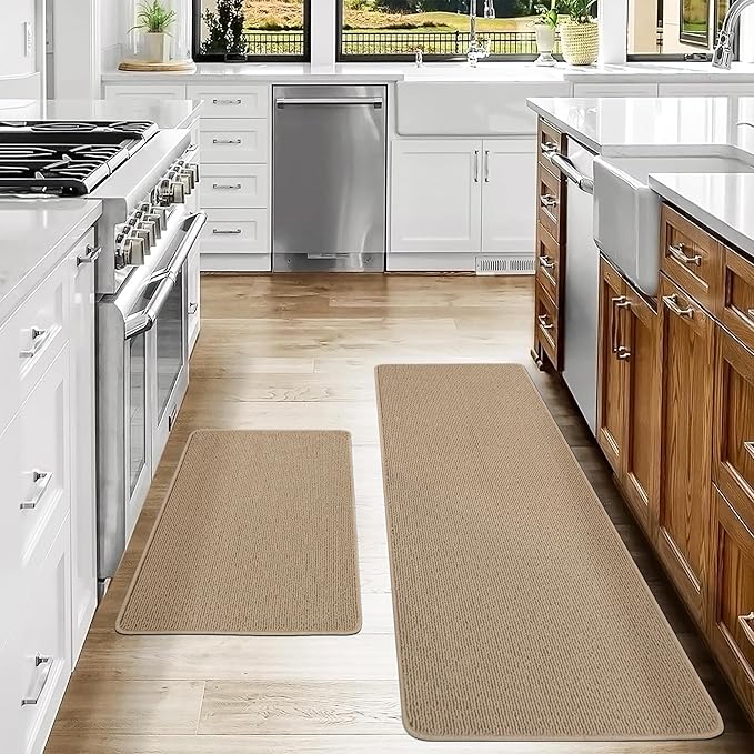 COSY HOMEER 20x30 Inch/20X48 Inch Kitchen Rug Mats Made of 100% Polypropylene Strip TPR Backing 2 Pieces Soft Kitchen Mat Specialized in Anti Slippery and Machine Washable,Beige