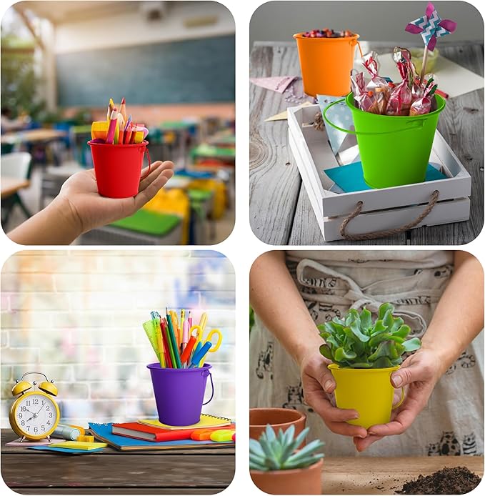 Mini Metal Buckets with Handle 12 Pcs – Galvanized Bucket Leak Proof & Rust Resistant 8 fl oz Capacity - Best for Party Décor, Organizing & Decorating Classrooms (Mini 3.3" Top, Multi)