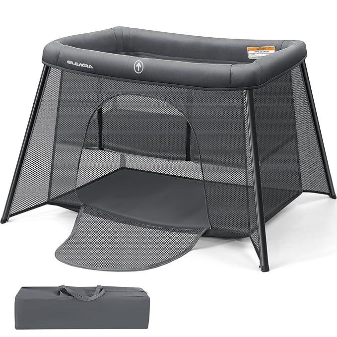 ELEMARA Baby Travel Crib Easy-Set Up,Portable Crib with Comfortable Mattress and Lightweight-Foldable Crib with Long-Lasting Playard, Indoor & Outdoor Playpen, Pack and Play for Toddler（Dark Gray