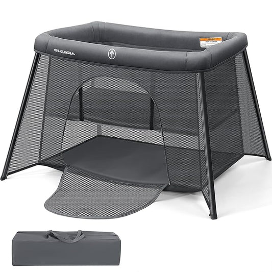 ELEMARA Baby Travel Crib Easy-Set Up,Portable Crib with Comfortable Mattress and Lightweight-Foldable Crib with Long-Lasting Playard, Indoor & Outdoor Playpen, Pack and Play for Toddler（Dark Gray