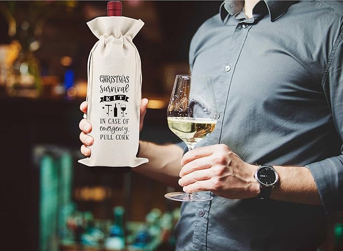 Christmas Survival Kit,In Case of Emergency Pull Cork,Wine Bag Gift for Friends,Sisters,Besties,Colleagues,Family,Daughters,Sons,Goody Bag,Party Favor Bag,Reusable Wine Bag With Drawstring,L45