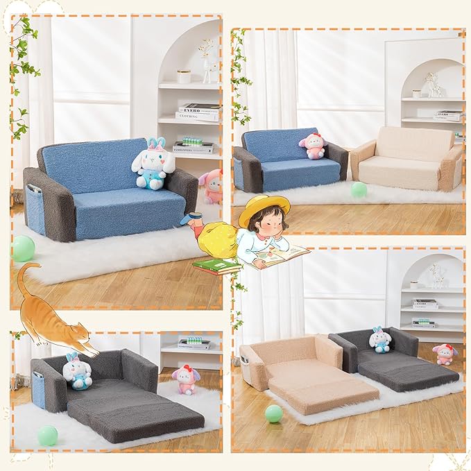 Baby Toddler Sofa Couch for Kids Extra Wide 2-in-1 Toddler Sherpa Fold Out Couch Bed for Playroom, Pull Out Children Convertible Sofa to Lounger for Boys and Girls with Double Pockets, Grey-Blue