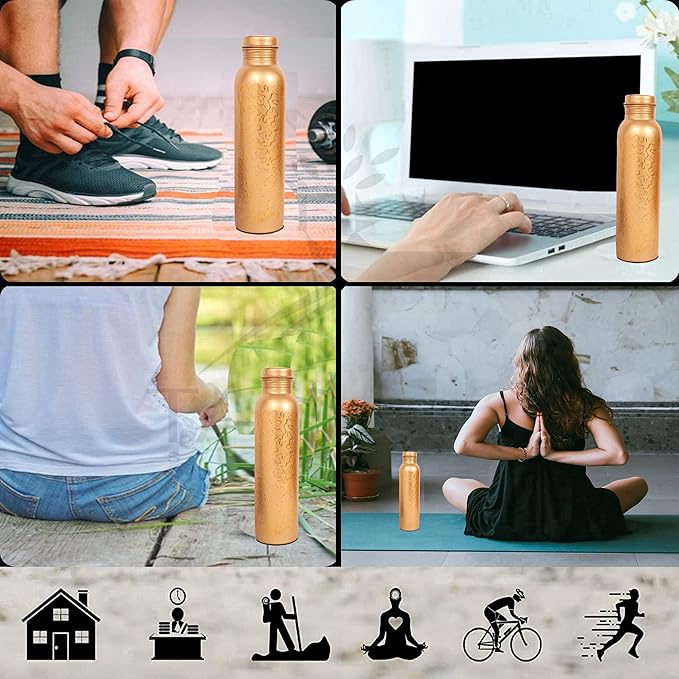Pure Copper Water Bottle - Handcrafted - Ayurveda health benefits - L- 35 oz - Leak proof - Easy to carry for Sports, Fitness, Yoga, School - Natural Copper Finish Golden Glade Pattern