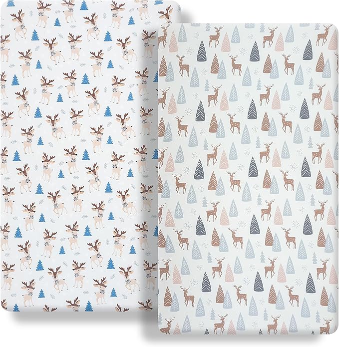 Pack n Play Sheets 2 Piece Mini Crib Sheets Stretch Play Sheets Portable Bed Sheet Soft Fitted Sheet Breathable Elastic Convertible Playard Cover Compatible with Graco Pack n Play Deer Park