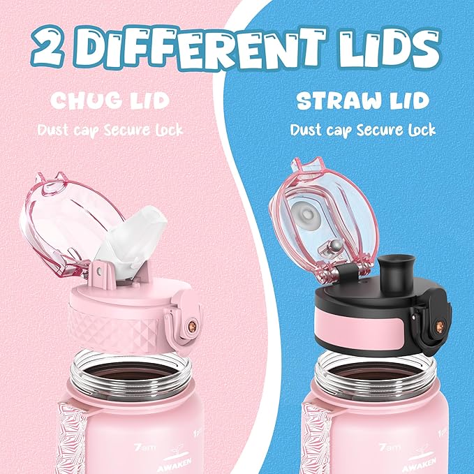 OLDLEY Kids Water Bottle for School, 17 oz (2 lids) BPA-Free Reusable Leak-proof Durable Tritan Plastic Water Bottles with Straw & Chug Lids, Anti-dust Spout Cover (Pink)