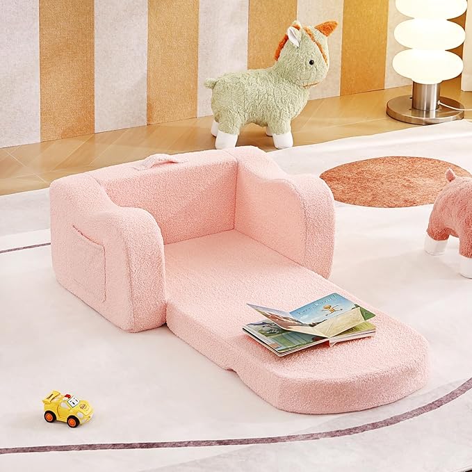Tiita Kids Chair Couch, Folding Toddler Comfy Sofa Chairs, 2-in-1 Kids Plush Sofa Fold Out, Baby Armrest Chair Sofa to Lounger, Convertible Play Sofas to Bed for Girl or Boy, Pink