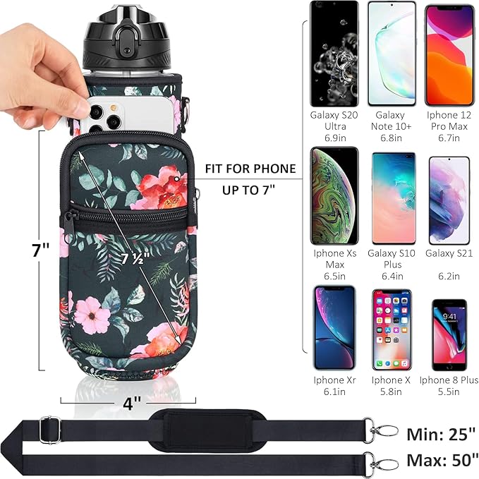 Fimibuke 32 oz Water Bottle with Sleeve - BPA Free Leakproof Sport Large 1L Plastic Motivational Water Bottle with Straw Strap & Insulated Neoprene Holder Carrier Bag Great Xmas Gift for Women Men