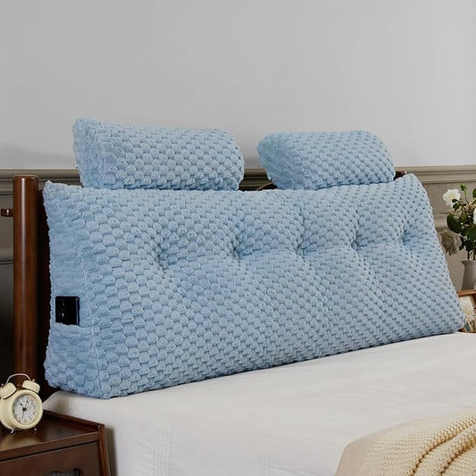 Wedge Headboard Pillow - Bed Wedge Pillow for Headboard Triangular Headboard Pillow with Neck Roll Pillow-Large Bolster Pillow for Sitting in Bed Backrest Positioning Support (Blue,59x8x20 Inches)