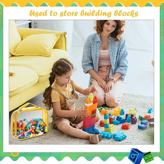 Sanwuta 3 Packs Toy Storage Bags with Zipper, Clear PVC Organizing Bags, Waterproof Toy Bags for Board Games, Building Blocks, Toys and Kids Books (Blue, Yellow, Green,12.6 x 9 x 2.36 Inch)