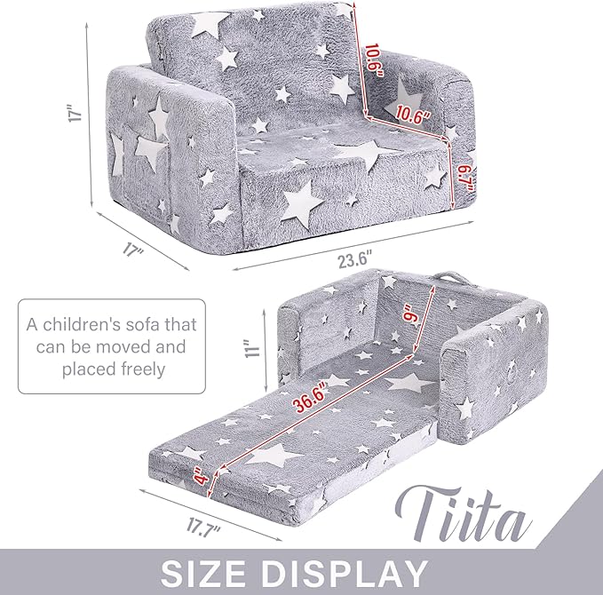 Tiita Kids Chair Comfy, Toddler Plush Sofa Bed Fold Out, 2-in-1 Kids Couch Chairs Flip Out, Convertible Children Couch Lounger, Baby Armrest Chair Bed for Girl or Boy, Grey Star