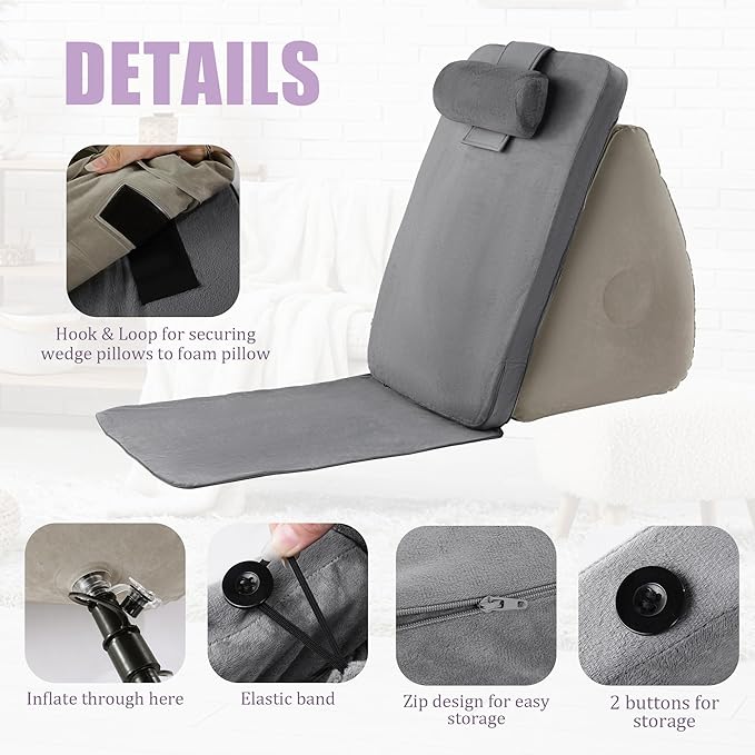 HOMBYS Inflatable Wedge Pillow with Foam Backrest Pillow & Headrest, Adjustable Angle, Soft Headboard for Adult, Elderly, Pregnant Resting & Reading, Foldable & Poratable, Pump Include