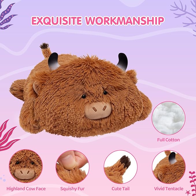 Cute Cow Plush Pillow, Kawaii Plushies Highland Cow Stuffed Toys, Squishy Plushies, Cuddle Plush Pillow for Boys & Girls
