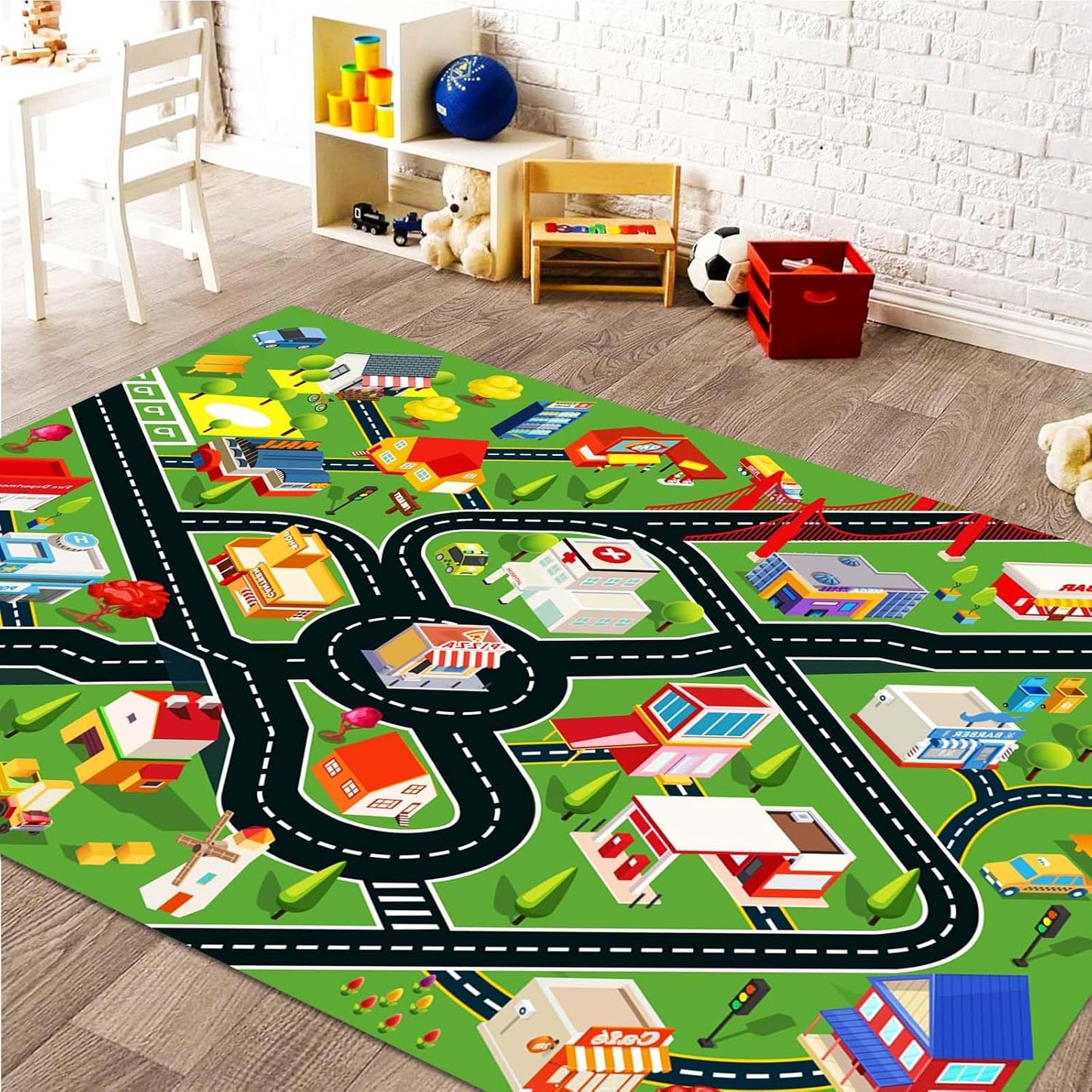 Kids Rug Car Rugs for Kids Toy Cars Play Mat with Rubber Backing City Life Road Rug for Cars Fun City Map for Carpet for Bedroom Boys (RED-Rug, 3.3x4.9ft)