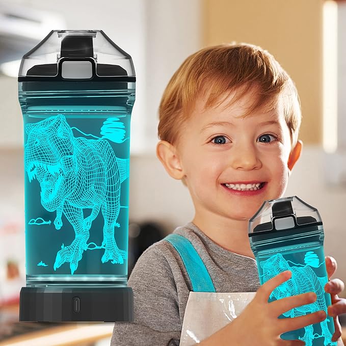 Boy Water Bottles for School, Cool Velociraptor Dinosaur Night Light for Room Decor, Tritan BPA Free Travel Cup for Back to School Girls Child Holiday Camping Picnic - 14 Oz