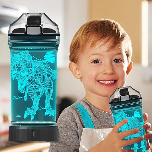 Boy Water Bottles for School, Cool Velociraptor Dinosaur Night Light for Room Decor, Tritan BPA Free Travel Cup for Back to School Girls Child Holiday Camping Picnic - 14 Oz