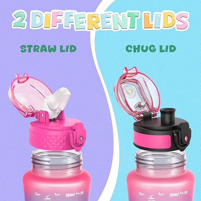OLDLEY Kids Water Bottle for School, 12 oz (2 lids) BPA-Free Reusable Leak-Proof Durable Tritan Plastic Water Bottles with Straw & Chug Lids, Anti-dust Spout Cover (Rose Blue)
