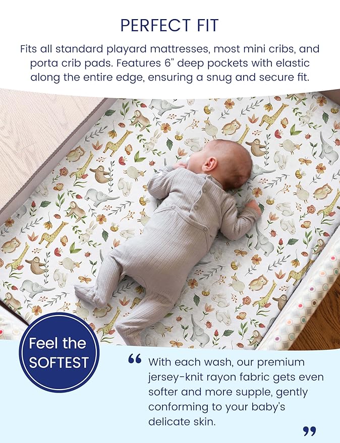 TotAha Premium Soft Graco Pack n Play Sheets Fitted, Super Stretchy Jersey Knit Mini Crib Sheets Fitted, Silky Comfort Pack and Play Mattress Sheets, 2 Pack (Happy Zoo & Jungle)