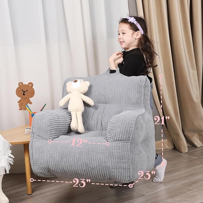 Kids Bean Bag Chair with a Plush Bear, Comfy Toddler Chair for Boys and Girls, Grey