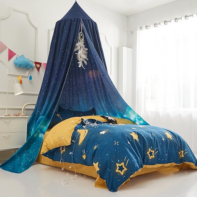 Mengersi Bed Canopy for Boys Kids,Starry Sky Gradient Reading Nook Castle Hanging House Princess Castle Bedroom Decoration (Dark Blue)