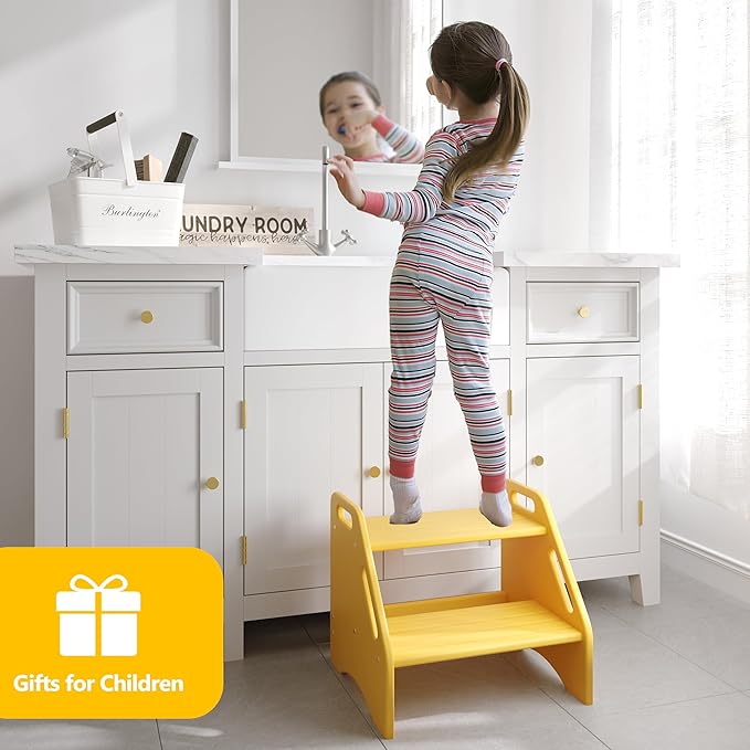 AMBIRD Wooden Step Stool, Two Step Stools Toddler 400 lbs Capacity with Safety Non-Slip Pads and Handles, Bamboo Step Stool for Bathroom, Kitchen Step Stools Dual Height Step Stools for Kids (Yellow)