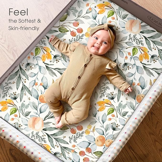 GRSSDER Stretchy Ultra Soft Jersey Knit Fitted Pack n Play Sheets Set 2 Pack, Portable/Mini Crib Sheets for Girls, Watercolor Flowers and Fruits