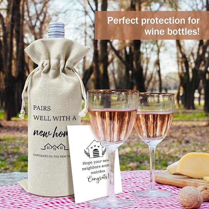 Housewarming Wine Gift Bags & Card, First New Home House Gifts for Women Men Wife Husband Friend Home Owner, 1 pcs Reusable Burlap Wine Gift Bags for Wine Bottles, Housewarming Party Decor Favor -32