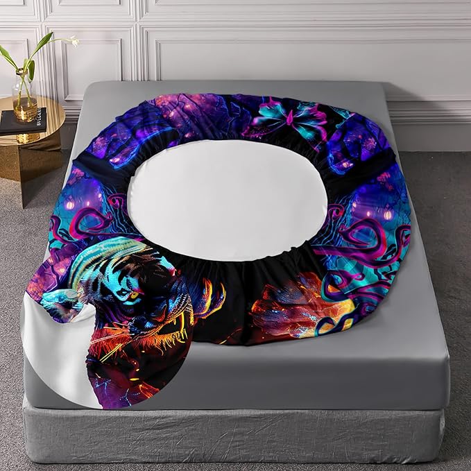 AILONEN Tiger Fitted Sheet Set Queen Size, Purple Magic Forest Fierce Tiger Bed Sheet Set for Boys Girls,Howling Tiger Soft Breathable Fitted Sheet and 2 Pillowcases,3 Pieces