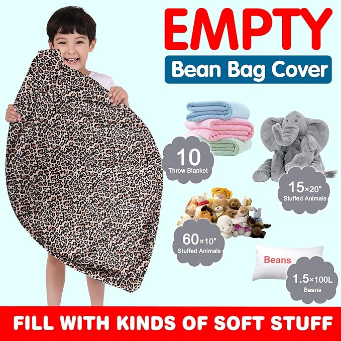 Lukeight Stuffed Animal Storage Bean Bag Chair Cover for Kids, Stuffed Animal Bean Bag Storage, Zipper Beanbag Chair Cover for Organizing Toddler and Kids' Rooms Plush Toys (Leopard Velvet, Large)