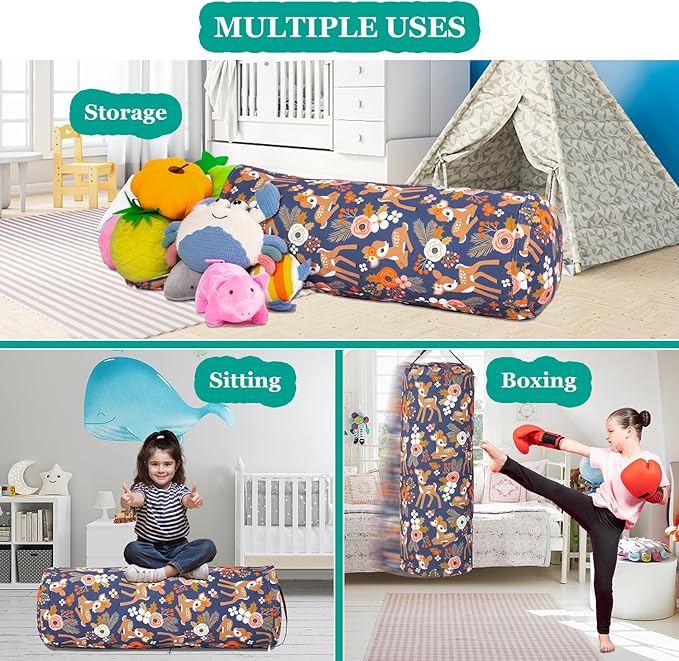 Stuffed Animal Bean Bag Storage Chair for Kids Cover Only (No Filler), Organize, Sit, Play & Boxing, 100% Cotton Canvas Washable, Ultra Soft Cylinder Long Vertical Zipper Best Gift for Child
