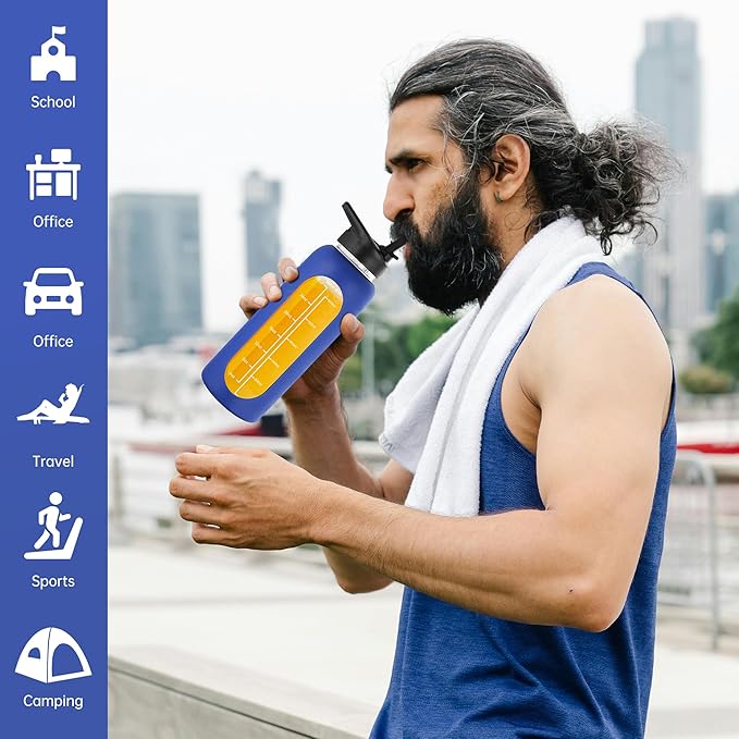 SIEROZUR 32 oz Glass Water Bottle with Straw and Handle Large Sports Motivational Water Bottle with Time Marker and 2 Lids, Leakproof Reusable Water Jug with Silicone Sleeve for Gym