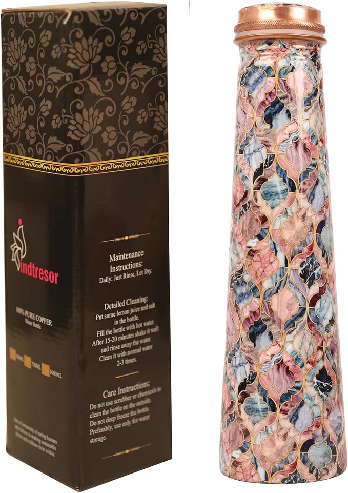 Pure Copper Water Bottle - Handcrafted - Ayurveda Health Benefits -Mosaic Colorful Printed Tower Shape 35 OZ - Leak proof - Easy to carry For Sports, Fitness, Yoga, School - Vintage Enamel.