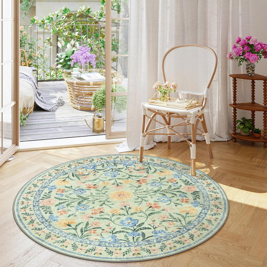Wonnitar Washable Floral Round Rug, 6ft Sage Green Round Area Rugs for Bedroom Nursery, Boho Non-Slip Indoor Large Circle Carpets for Dining Room Living Room Kids Playroom