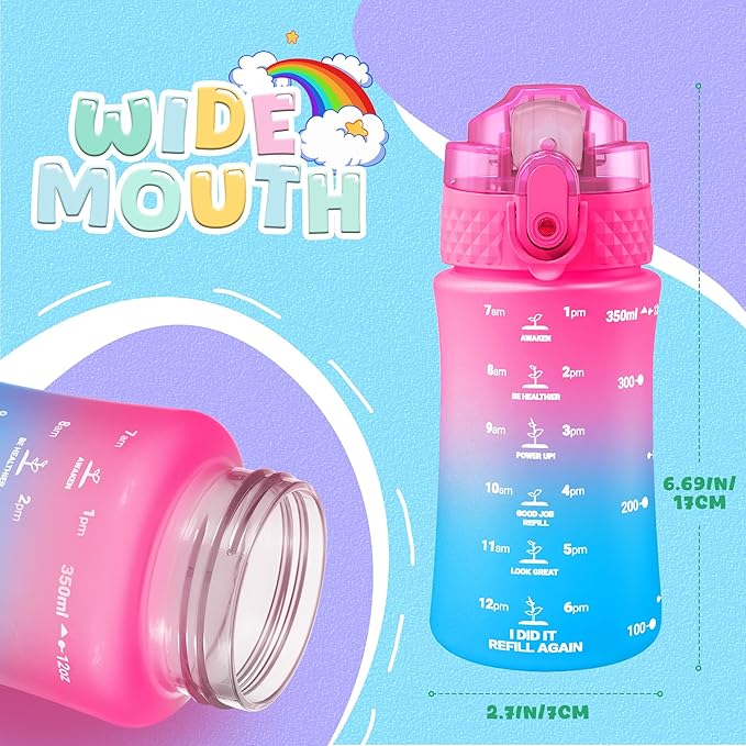 OLDLEY Kids Water Bottle for School, 12 oz (2 lids) BPA-Free Reusable Leak-Proof Durable Tritan Plastic Water Bottles with Straw & Chug Lids, Anti-dust Spout Cover (Rose Blue)