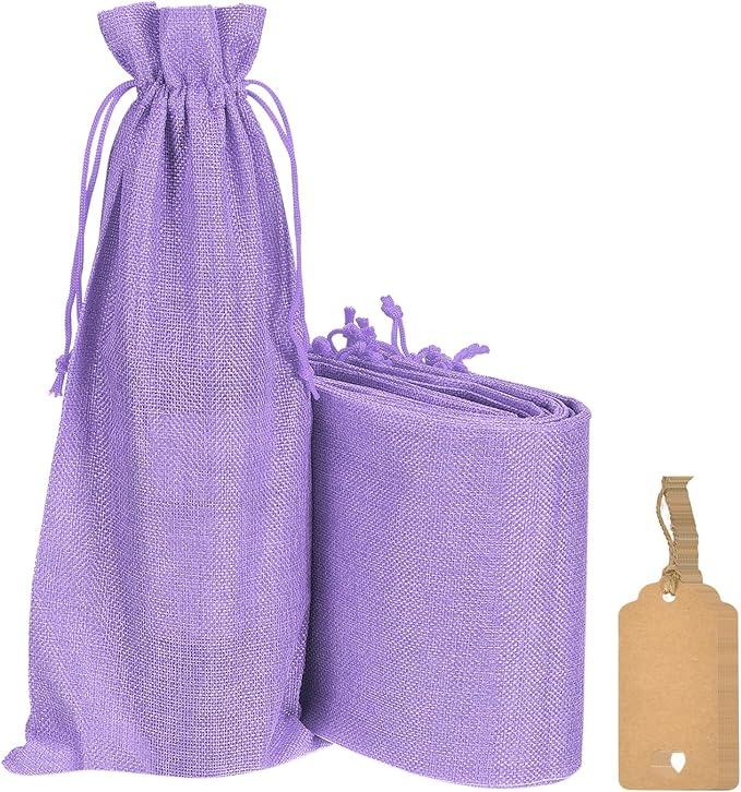 uxcell Burlap Wine Bags with Drawstrings, 12Pcs Wine Gift Bags Reusable Wine Bottle Bags with Ropes and Tags for Wedding, Birthday, Travel (14 x 6.3 In, Light Purple)
