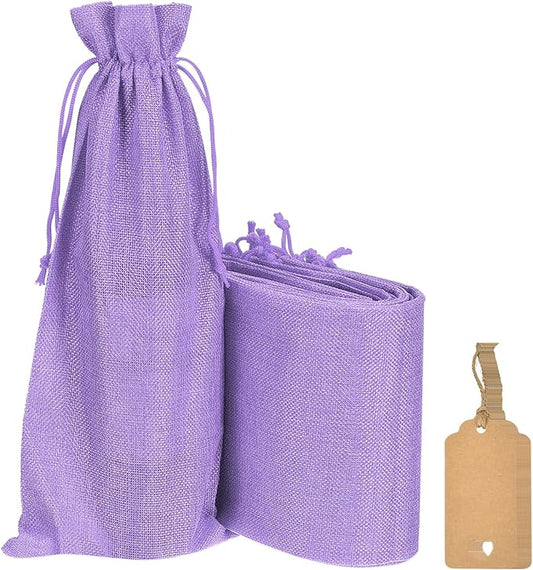 uxcell Burlap Wine Bags with Drawstrings, 12Pcs Wine Gift Bags Reusable Wine Bottle Bags with Ropes and Tags for Wedding, Birthday, Travel (14 x 6.3 In, Light Purple)
