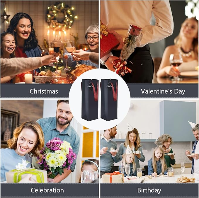 Wine Bags, 12 Packs, Strong Card Paper Wine Gift Bag with Ribbon Handles and Thank You Card, 4-3/8x 4 x 14 Fit 750ml Wine Bottle or Champagnes - Black 12