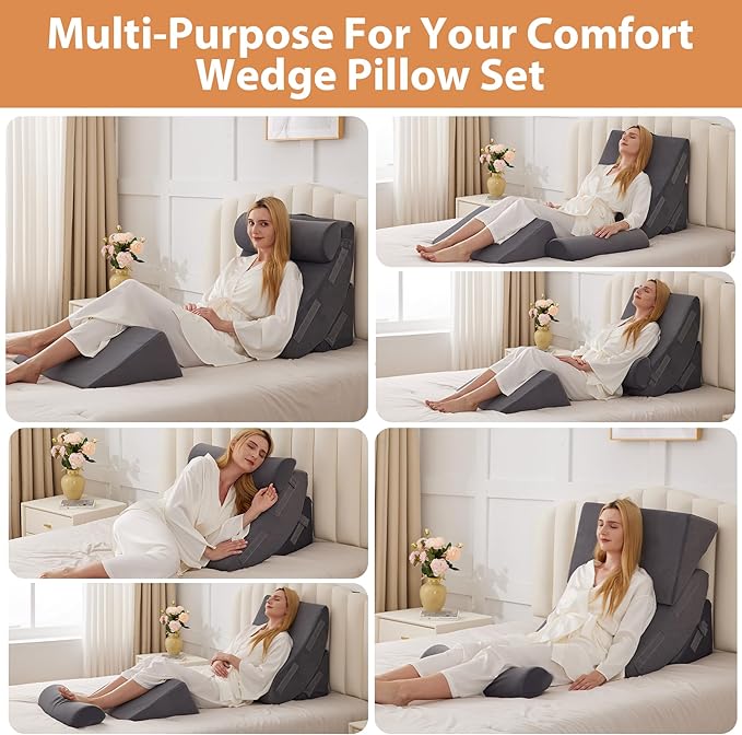 Orthopedic Bed Wedge Pillow Set 4PCS, Wedge Pillow Set for Back Pain Relief, Sitting up in Bed, Post Surgery, Acid Reflux, Snoring&GERD, Body Pillow for Sleeping,Leg,Neck,Shoulder Support, Velvet Grey