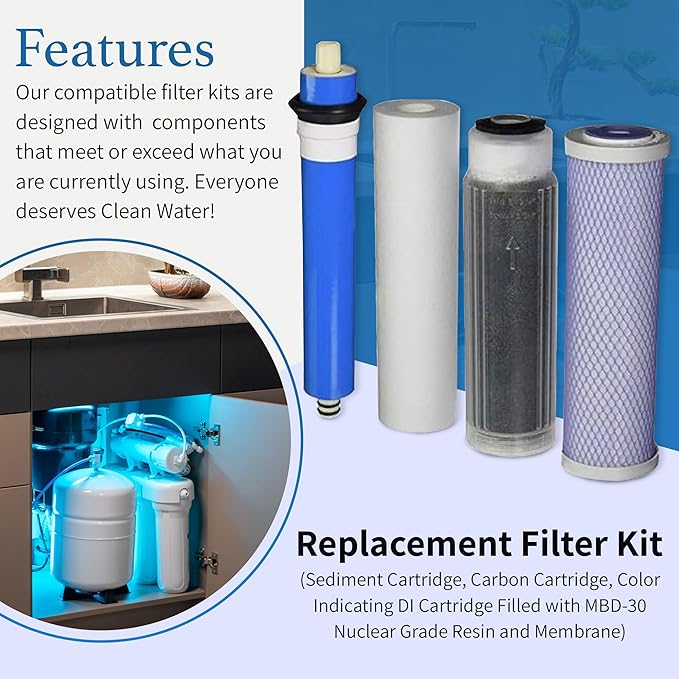 Reverse Osmosis Deionization (RODI) 10" Replacement Filter Kit (Sediment Cartridge, Carbon Cartridge, Color Indicating DI Cartridge Filled with MBD-30 Nuclear Grade Resin and 75 GPD Membrane) by CFS