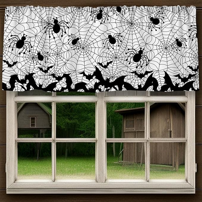 Halloween Curtain Valance 54 x 18 Inch Bat Spider Web Valance Curtain Rod Pocket White Black Short Window Treatment for Home Party Window Decor